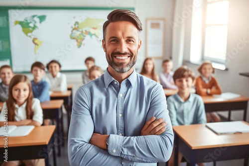 A male geography teacher stands against the backdrop of schoolchildren. Teacher's Day.