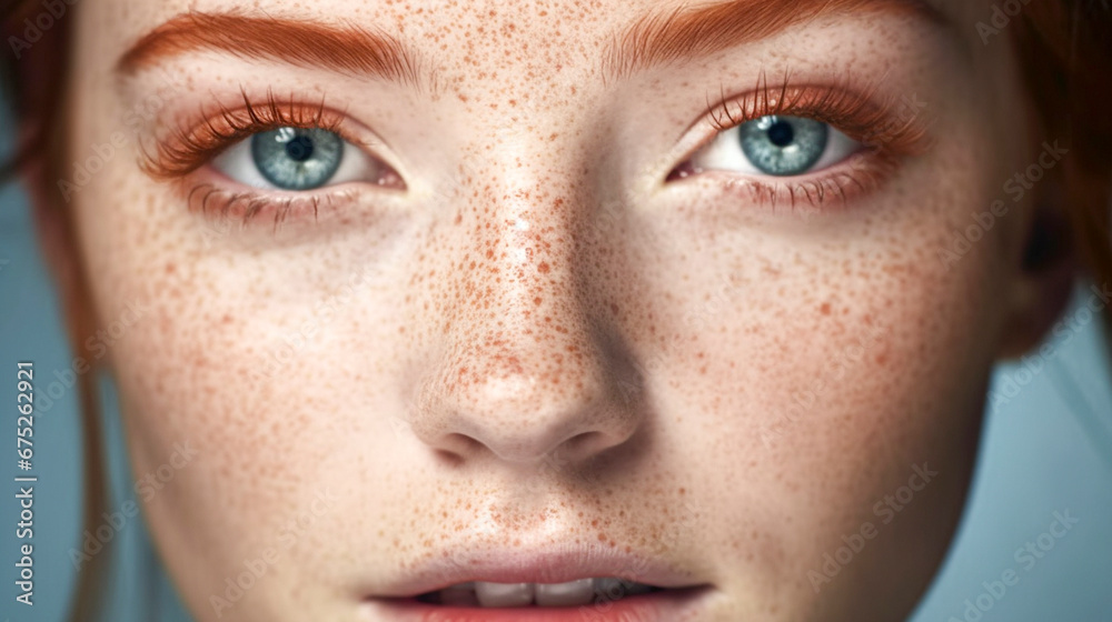 Beautiful face of a young red-haired woman with freckles close-up. Blue expressive eyes, red eyebrows. Fashionable magazine look. Cosmetics advertising.