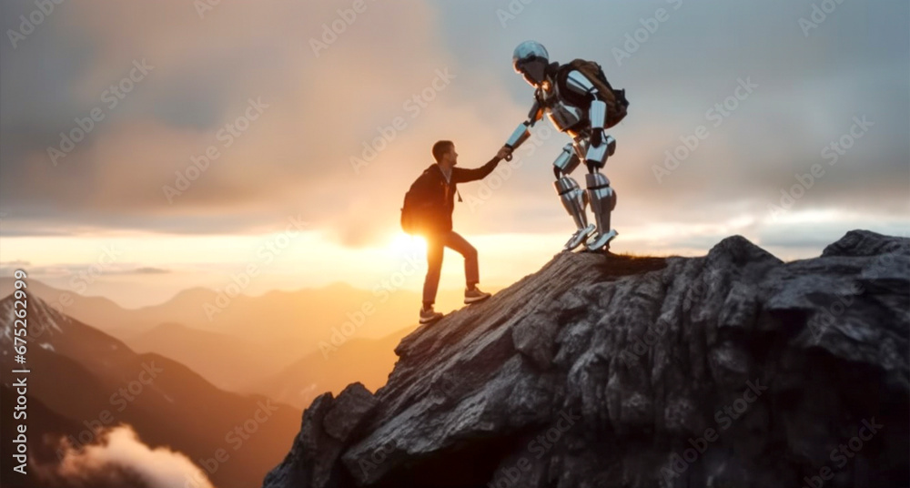 A robot helps a man climb a mountain. Robotization. Concept: neural network assistance, robots helping humans achieve goals. - obrazy, fototapety, plakaty 