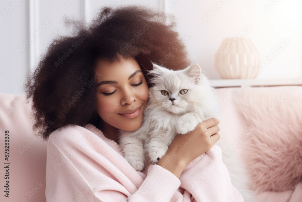 Portrait of cute young African American woman holding her adorable fluffy cat at home Portrait of cute young African American woman holding her adorable fluffy cat at home
