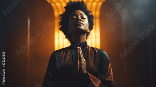 Spiritual black woman in prayer. The concept of deep faith