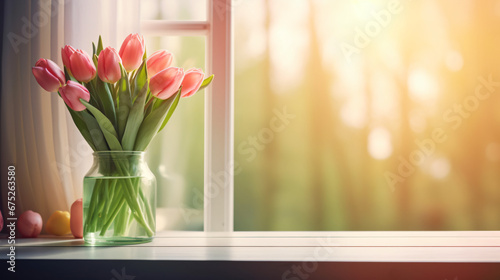 Fresh pink tulips in green glass vase on table