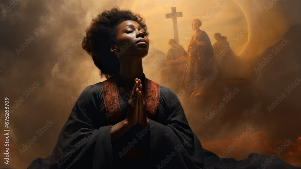 Spiritual black woman in prayer. The concept of deep faith