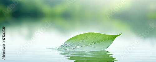 Green leaf on water surface. banner