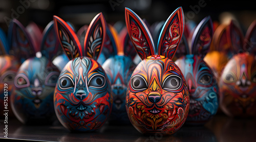 A striking collection of Mexican alebrijes with intricate hand-painted designs and vibrant colors. photo