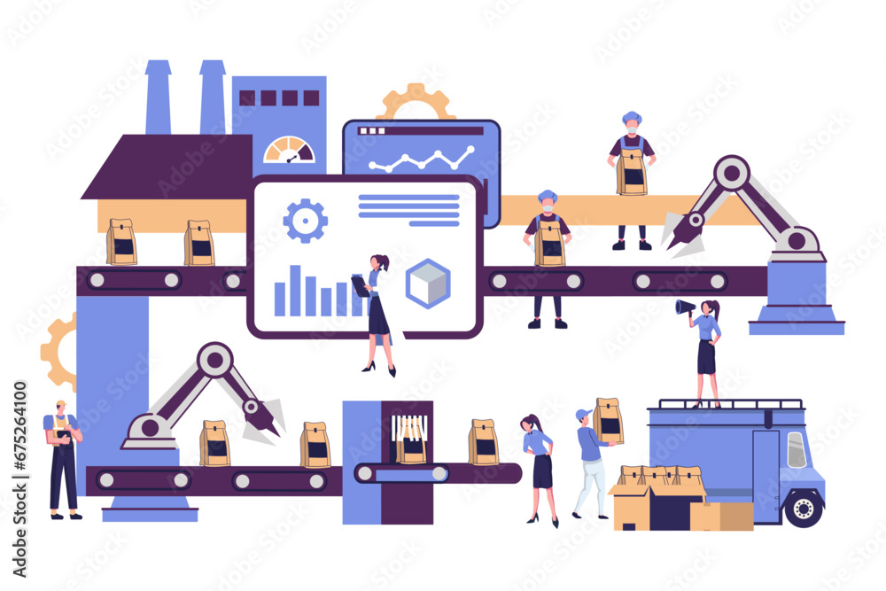 production mechanism, smart industry, worker are connected with colaboration flat style illustration production mechanism, smart industry, worker are connected with colaboration flat style illustration