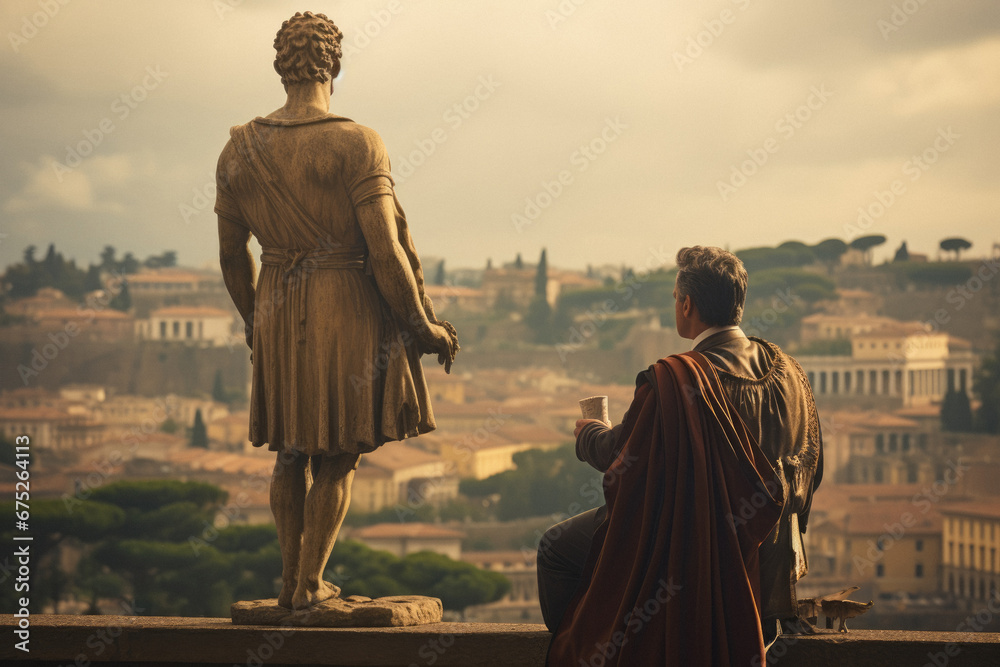Rome's Splendor Through Imperial Eyes: The Emperor Beholds the Majestic City. Julius Caesar's Contemplation: Julius Caesar Gazing Upon the Magnificence of Ancient Rome - Ai Generative