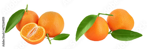 Fototapeta Naklejka Na Ścianę i Meble -  Tangerine or clementine with green leaf isolated on white background with full depth of field.