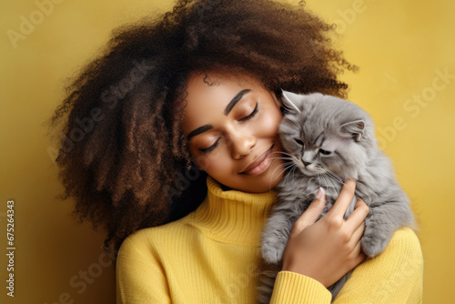 Portrait of cute young African American woman holding her adorable fluffy cat against yellow background photo