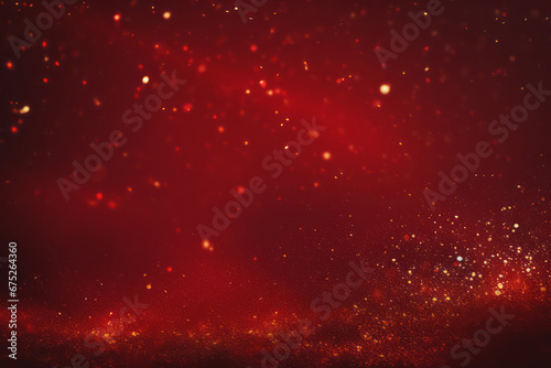 Golden abstract bokeh on red background. Celebrating Christmas, New Year or other holidays.