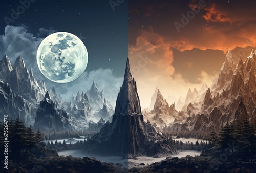 Day vs. Night. two images showing the full moon above the mountains, manipulated, colorful landscapes, time-lapse background