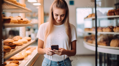 Young woman looking at their phones in a bakery