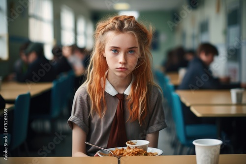 portrait of a school girl eating in the canteen