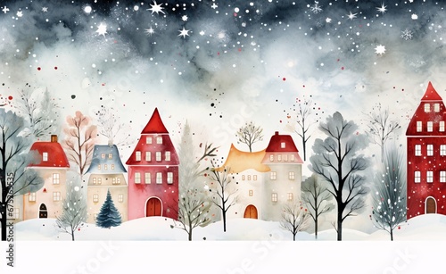 watercolor background with houses in traditional folk style with snowflakes and trees, whimsical cityscapes, danish design, charming character illustrations © IgnacioJulian