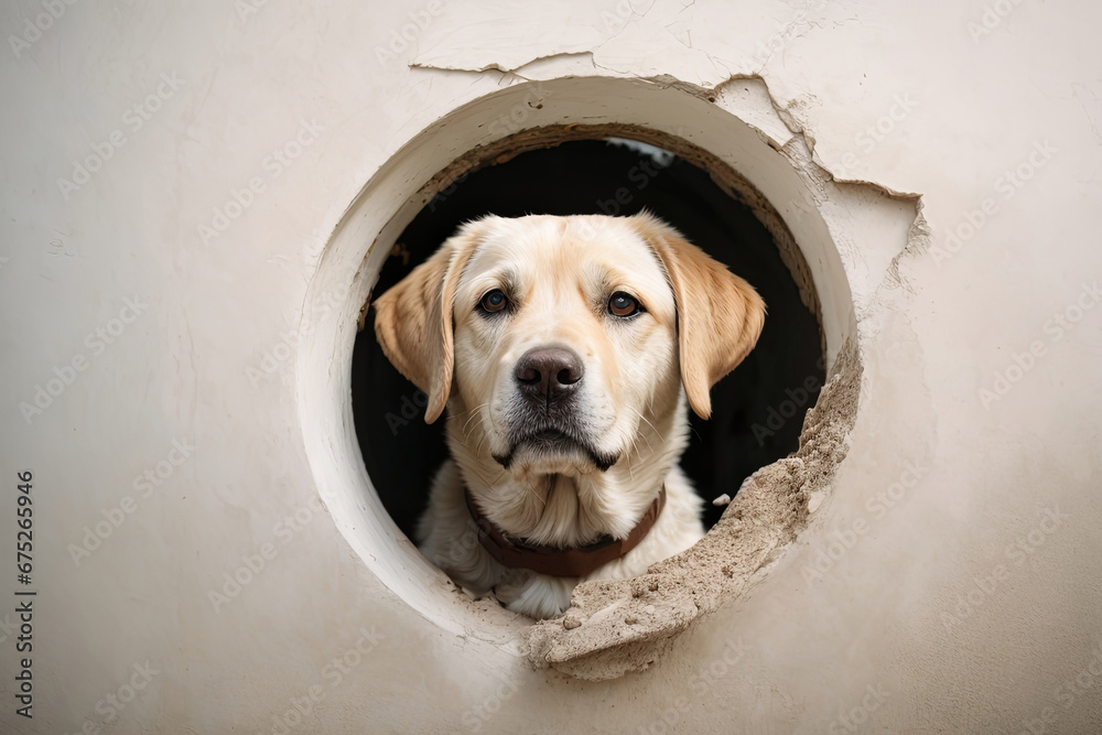 A cute labrador dog looks out of a hole in a white wall, a ragged hole ...