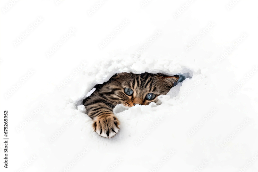 Obraz premium A cute siberian cat looks out of a hole in a white wall, a ragged hole, an empty frame for copying, a mock-up