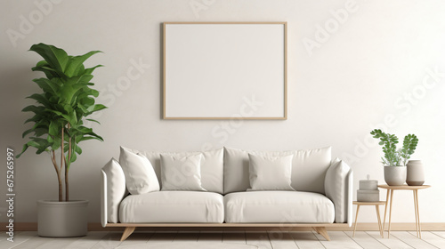 Stylish living room interior with mockup frame poster.