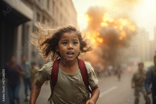 Innocent civilian running away from missile attack in the city. Kids and family escape from surprise military operation with fear and scare