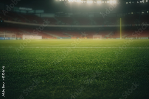Lawn in the soccer stadium. Football stadium with lights. Grass close up in sports arena - background © Roman