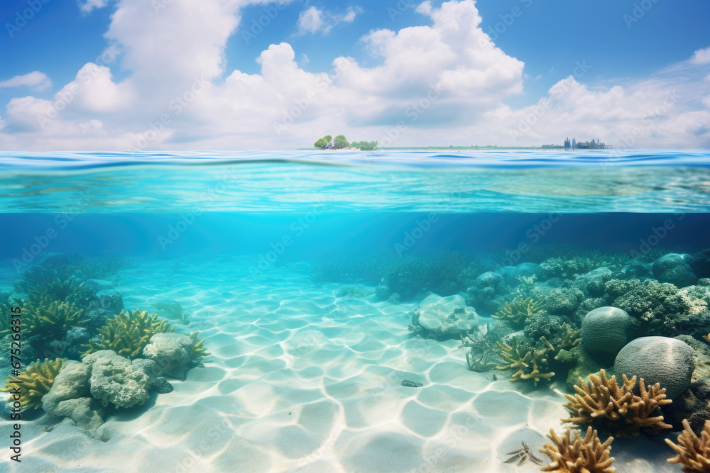 Split underwater view of tropical sea bottom and sky background