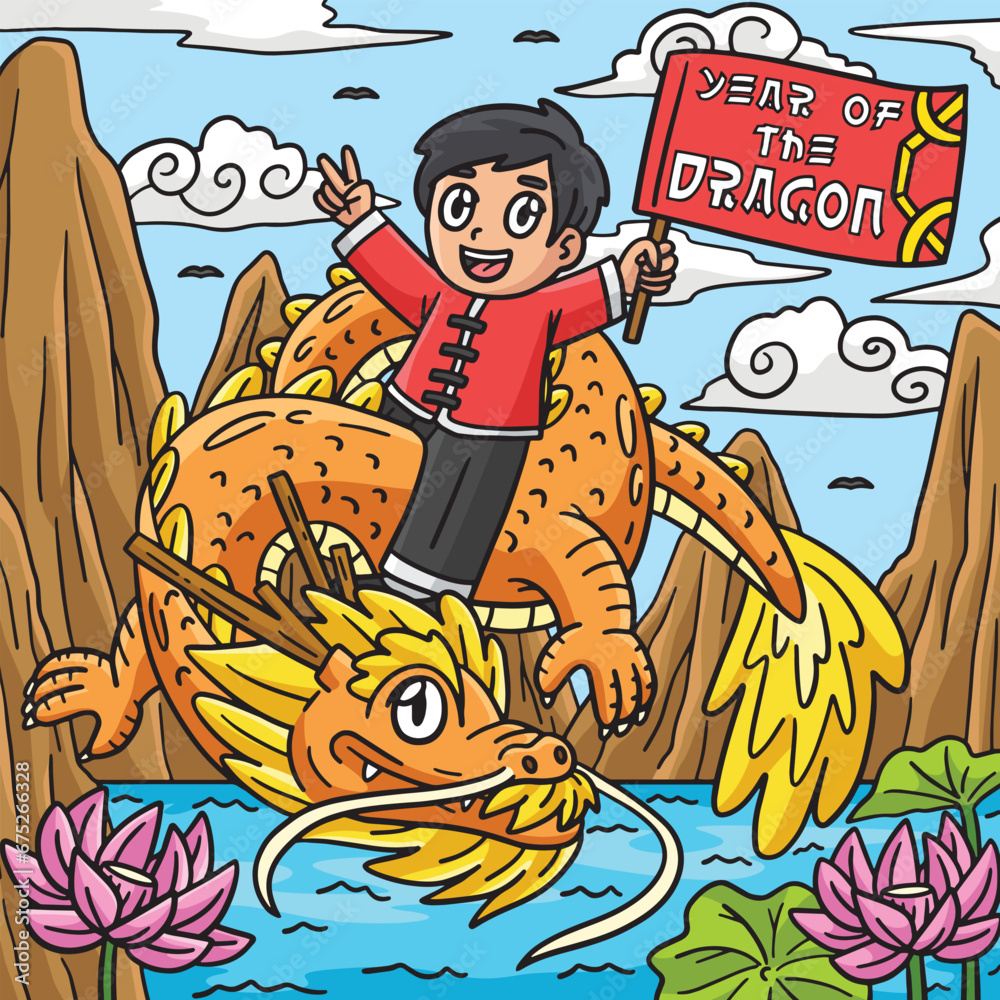 Year of the Dragon Boy Riding Dragon Colored 