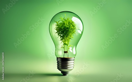A light bulb with plants and leaves, symbolizing eco-friendliness and sustainability concept. Green innovative idea. Eco energy lightbulb symbol. Renewable clean energy.