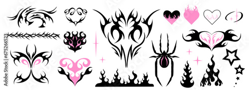 Y2k tattoo. Hearts with fire, butterfly, spider and gothic girly tribal abstract ornaments. Black silhouette. Modern retro stickers. 1990s, 2000s art. Cyber sigilism style, emo gothic vector icons