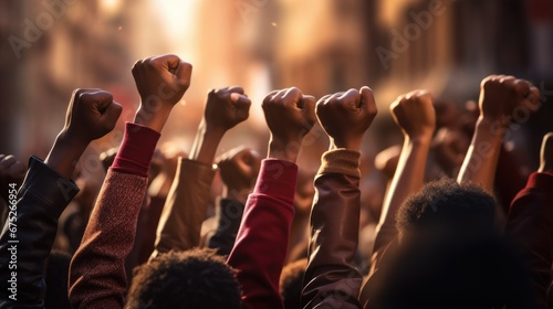 United Against Racism: A Diverse Crowd of People Raised Fists While Marching for Equality and Inclusion - Ai Generative photo