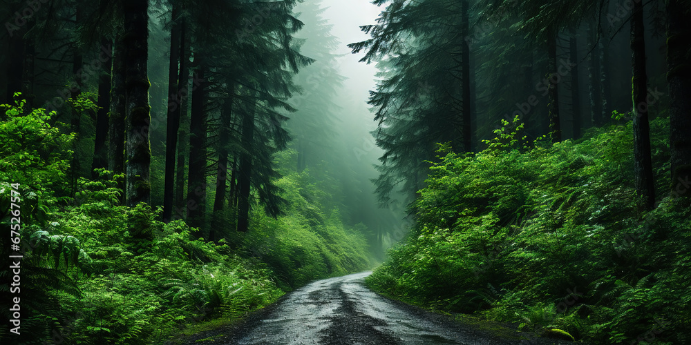 Misty road in fir forest. Minimalistic scenery. Generative AI Misty road in fir forest. Minimalistic scenery. Generative AI