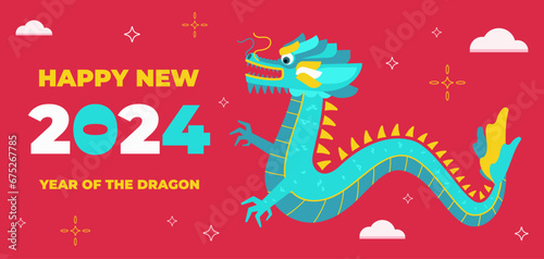 Chinese New Year banner with Dragon astrology sign  symbol of the 2024 year  oriental New Year celebration poster in a flat graphics  vector illustration.