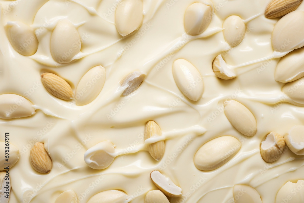 Luxury, fine white chocolate with almonds on a plate close up Luxury, fine white chocolate with almonds on a plate close up