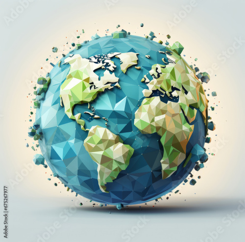 3D earth, planet and continent with lowpoly, design and concept for environment, nature and life. Ai generated, wallpaper and pattern with abstract shapes and colours.