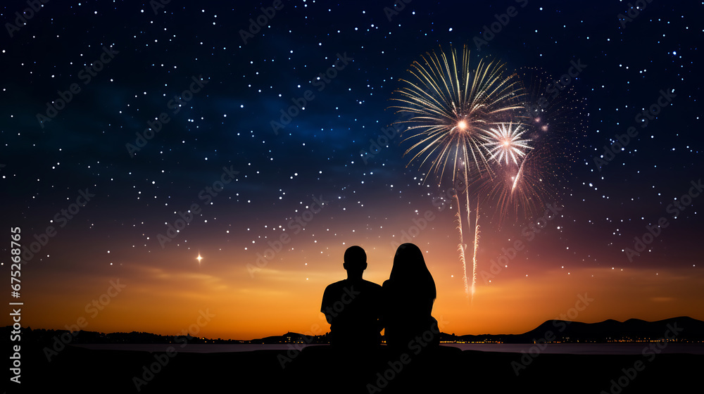 Happy young couple sitting on rock watch fireworks celebration at night