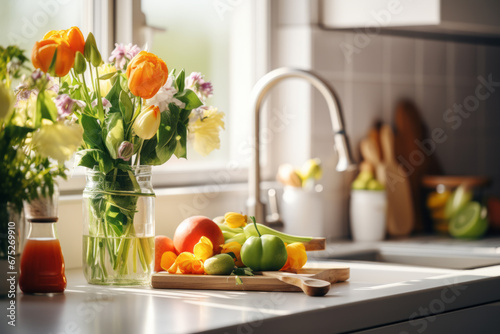 Fresh organically grown citrus fruits and colorful flowers in a glass vase on a cutting board in the kitchen. Bright light from the window. Concept for happy home and happy family health
 photo