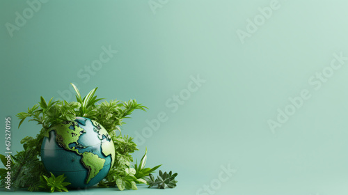 Globe and green plant on green background with copy
