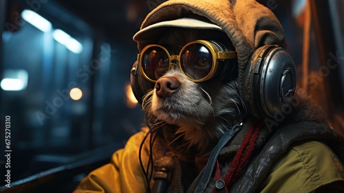 An adorable old senior dog wearing goggles, a yellow sweat jacket, and headphones. This image is perfect for showcasing style and personality in pets