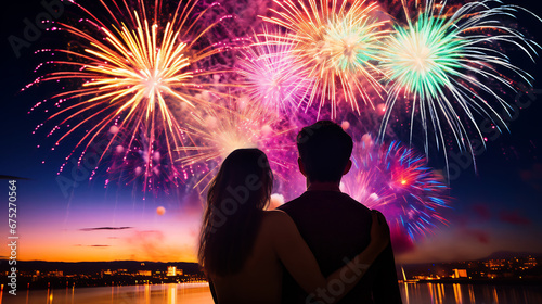 silhouette of happy young couple sitting on rock watch fireworks celebration at night
