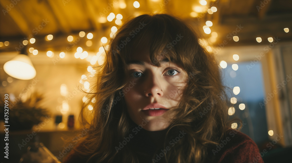 A New Year's Eve vibe. 1960/70s. A nice portrait of a beautiful girl behind her is a holiday scenography.