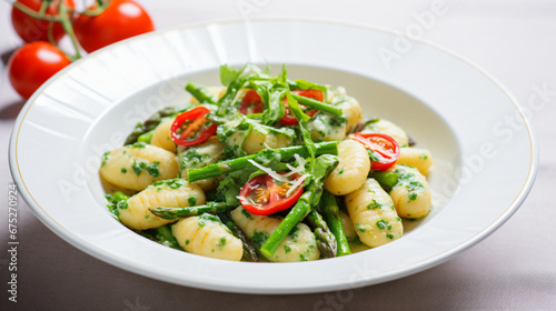 Gnocchi with asparagus wild garlic and cherry tomato