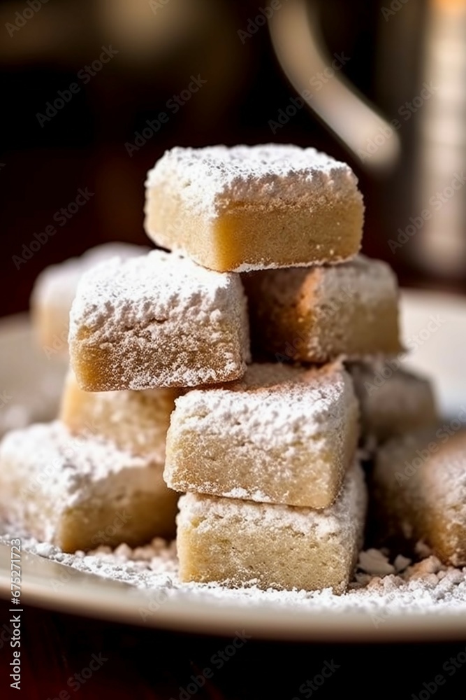 a plate of perfectly crumbly shortbread cookies, adorned with a light dusting of powdered sugar