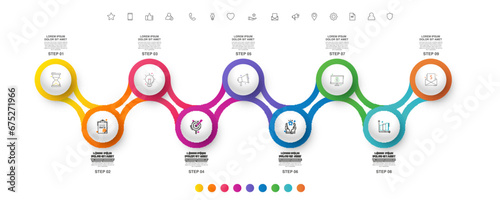 Modern vector minimalist infographic template composed of 9 circles and steps. Business design with marketing icons for nine options