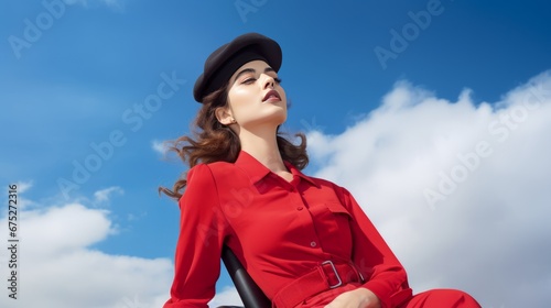 stylish beautiful attractive adult female model woman in retro dress clothfashion photoshoot sit on chair outdoor pose againt blue sky background photo