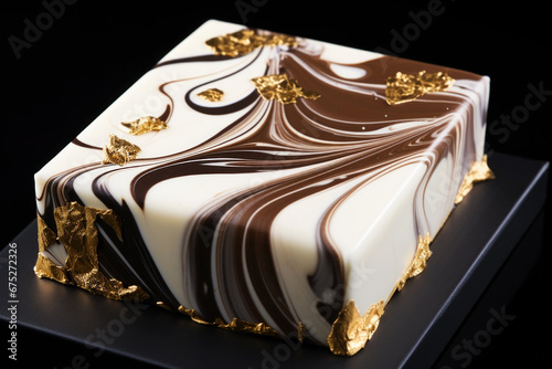 Luxury, fine white and dark chocolate dessert on a plate close up photo