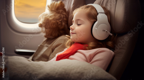 cute little girl sleeping with her toy puppy on airplane seat cosy comfort travel concept