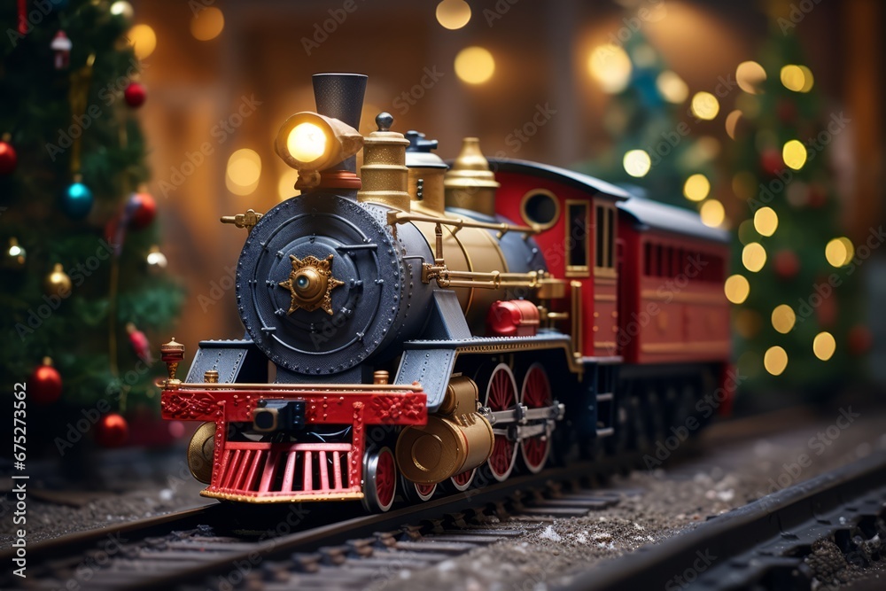 A Nostalgic Scene of a Toy Train Chugging Around a Beautifully Adorned Christmas Tree