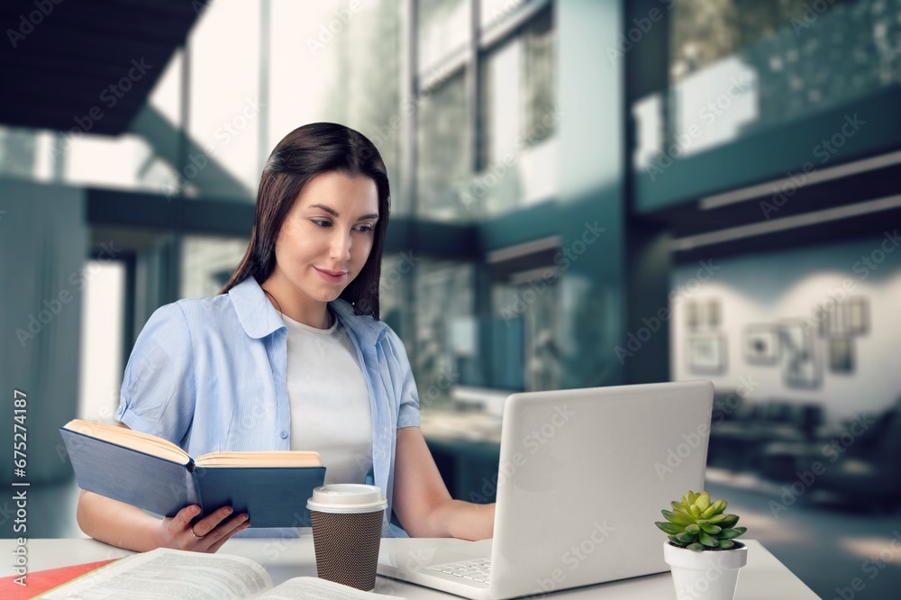 Fototapeta premium Young smiling woman student works on laptop, AI generated image