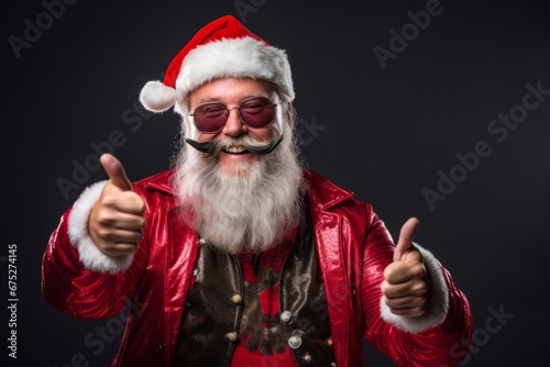 Jovial Man with Spikey Hair in Santa's Helper Attire Against a Bright Red Christmas Studio Background