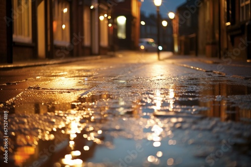 shimmering damp pavement: a up shot of glossy road. Generative AI
