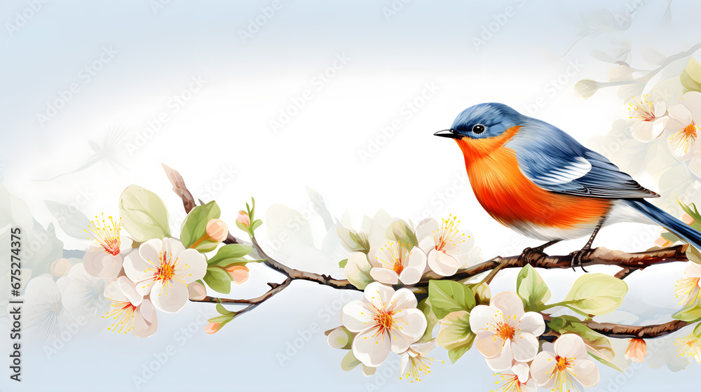 Elegant Bluebird Perching on Blossoming Branch