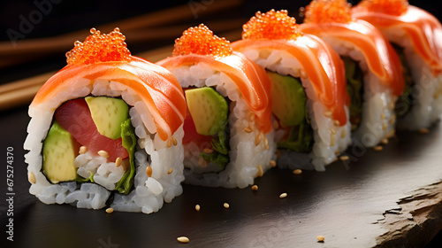 Fresh Sushi Rolls with Salmon and Avocado Topped with Roe